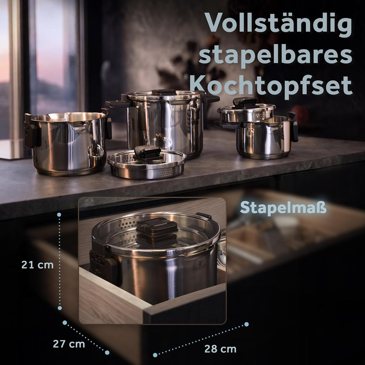 ZWIEGER Stapelbares Topfset Induktion 3-teilig – Kochtopf Set – Edelstahl