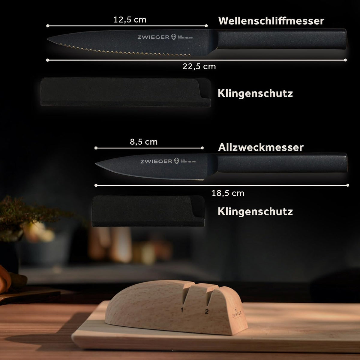 ZWIEGER Manueller Messerschärfer – Set mit Wellenschliff- & Allzweckmesser