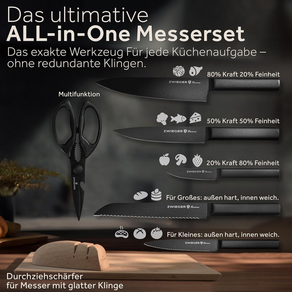 ZWIEGER Messerblock mit Messer 8-teiliges Set – Messerset aus Edelstahl