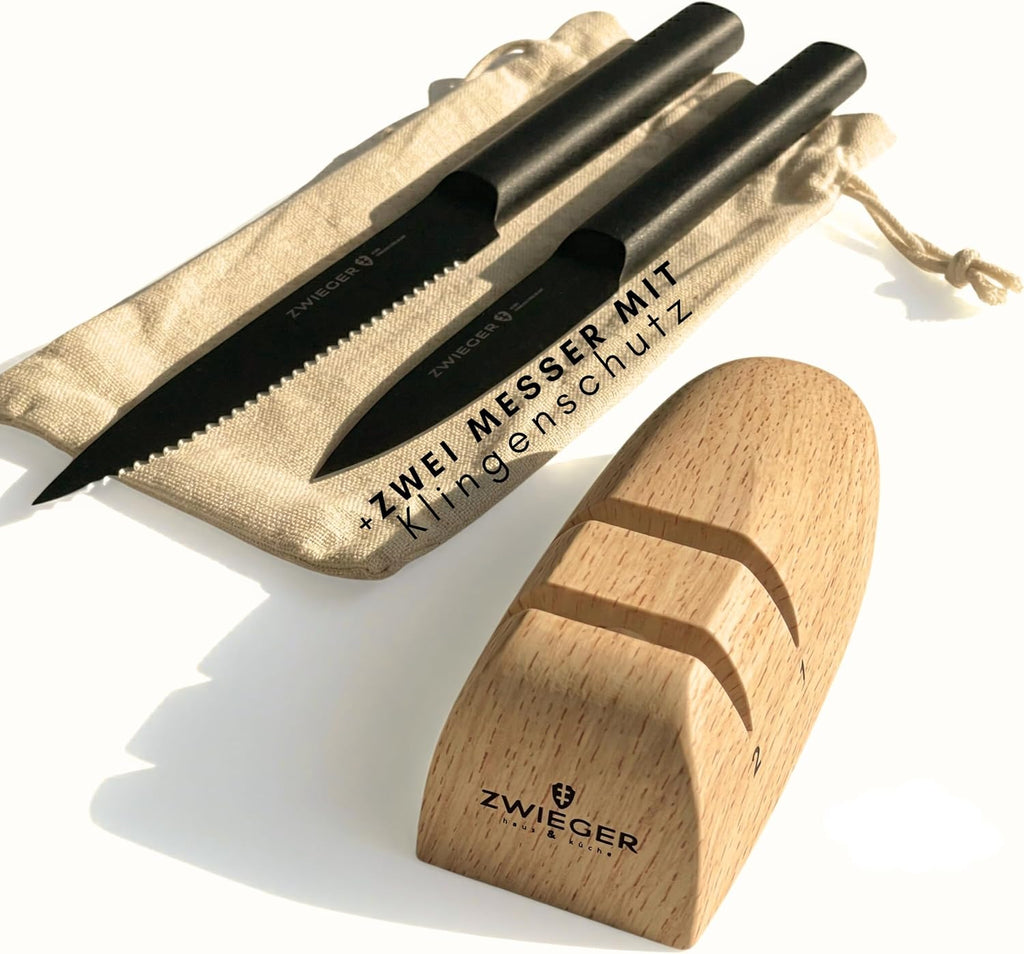 ZWIEGER Manueller Messerschärfer – Set mit Wellenschliff- & Allzweckmesser
