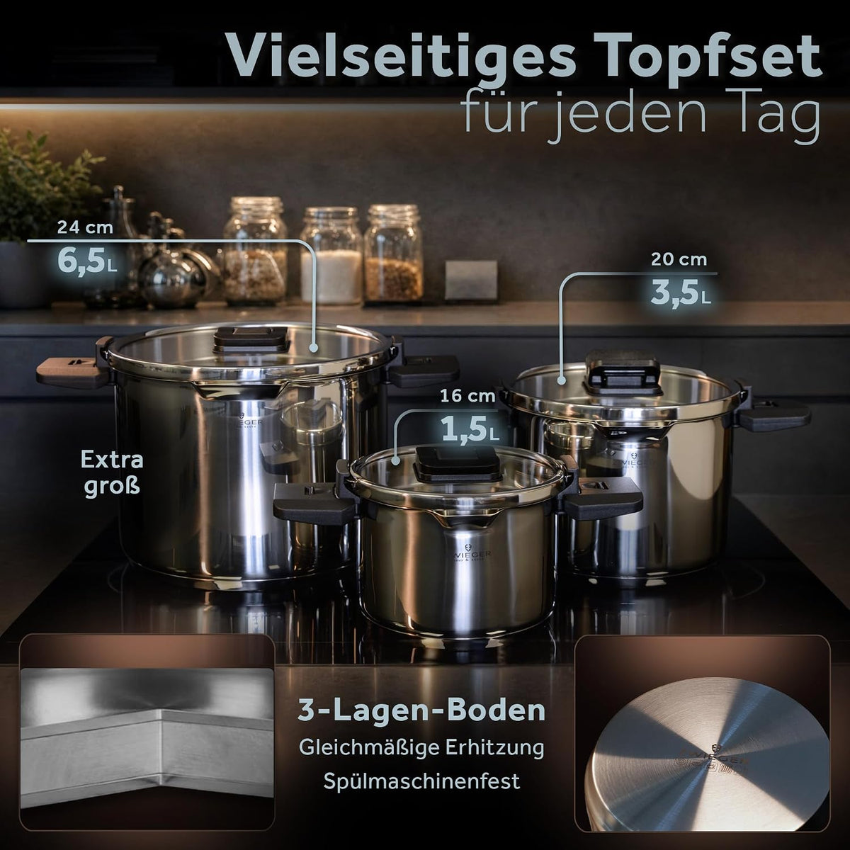 ZWIEGER Stapelbares Topfset Induktion 3-teilig – Kochtopf Set – Edelstahl